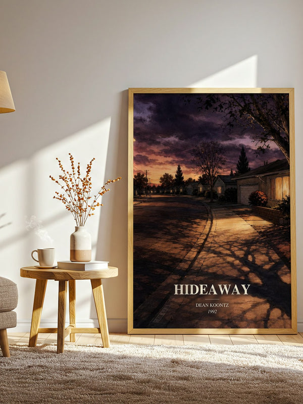 Hideaway watercolour print in frame leaning in hallway – thriller wall art