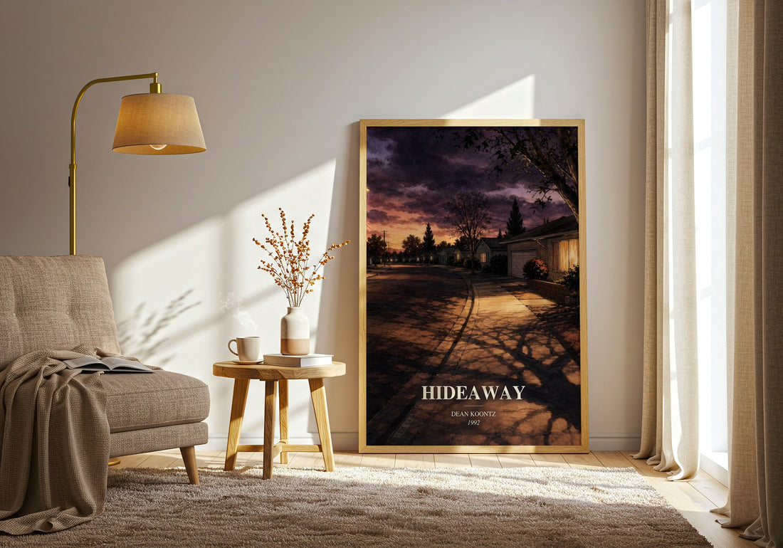 Hideaway watercolour print in frame leaning in hallway – thriller wall art (mockup)