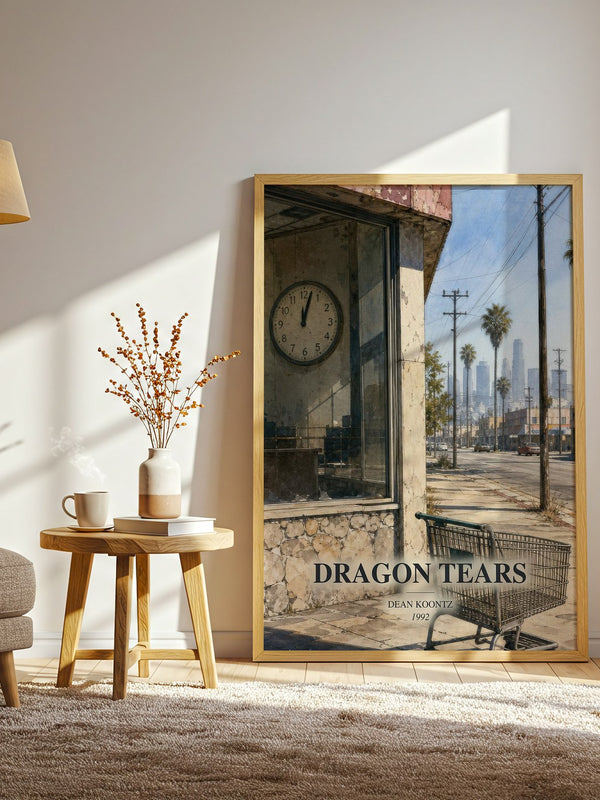 Dragon Tears watercolour print in frame leaning in hallway – thriller wall art