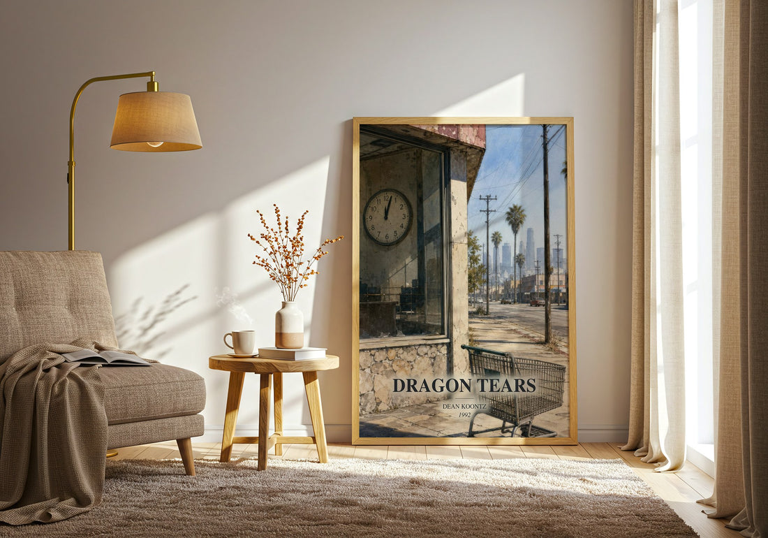 Dragon Tears watercolour print in frame leaning in hallway – thriller wall art (mockup)