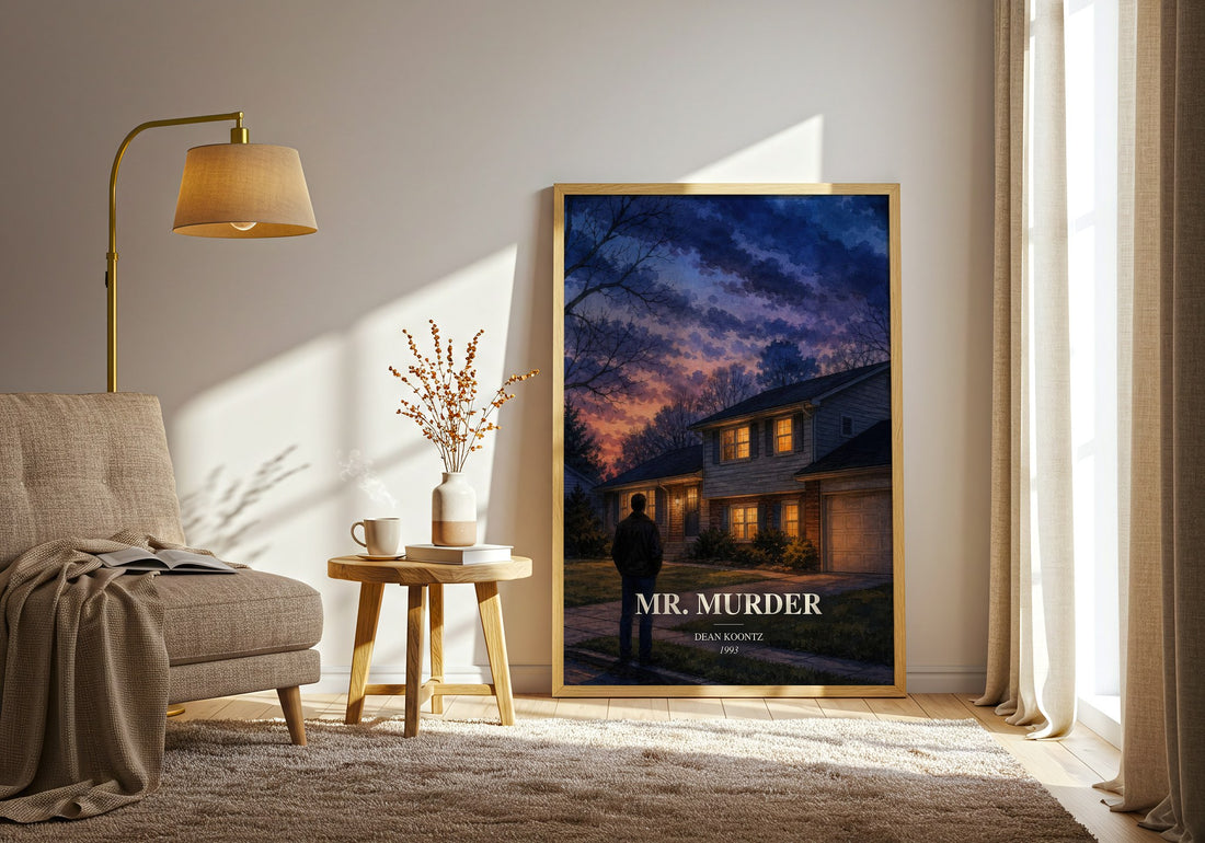 Mr. Murder watercolour print in frame leaning in hallway – thriller wall art (mockup)