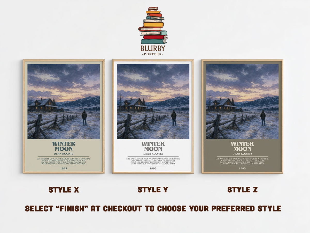 Winter Moon bookish print in frame leaning in hallway – horror wall art (mockup)