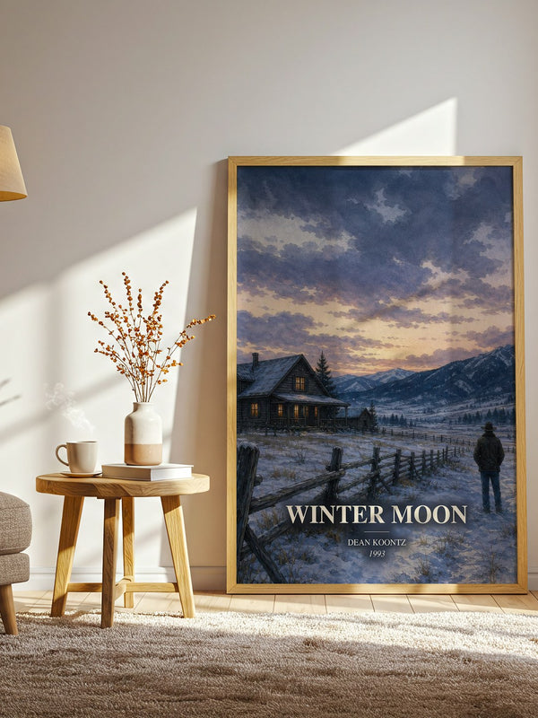 Winter Moon watercolour print in frame leaning in hallway – horror wall art
