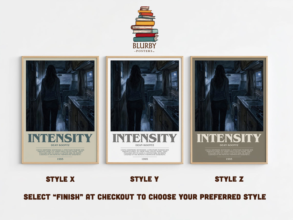 Intensity bookish print in frame leaning in hallway – thriller wall art (mockup)