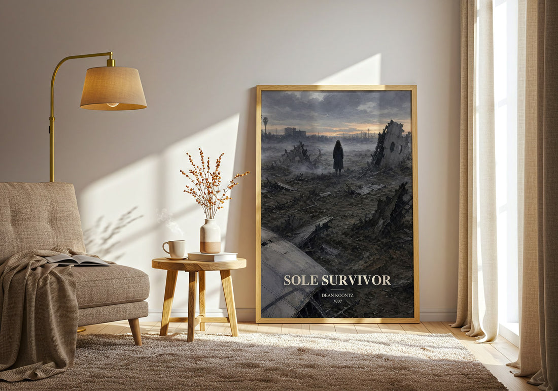 Sole Survivor watercolour print in frame leaning in hallway – thriller wall art (mockup)