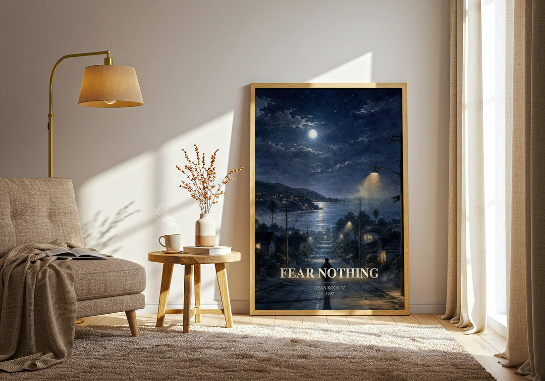 Fear Nothing watercolour print in frame leaning in hallway – thriller wall art (mockup)