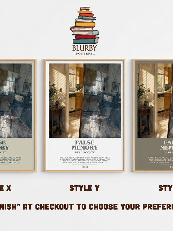 False Memory bookish print in frame leaning in hallway – thriller wall art