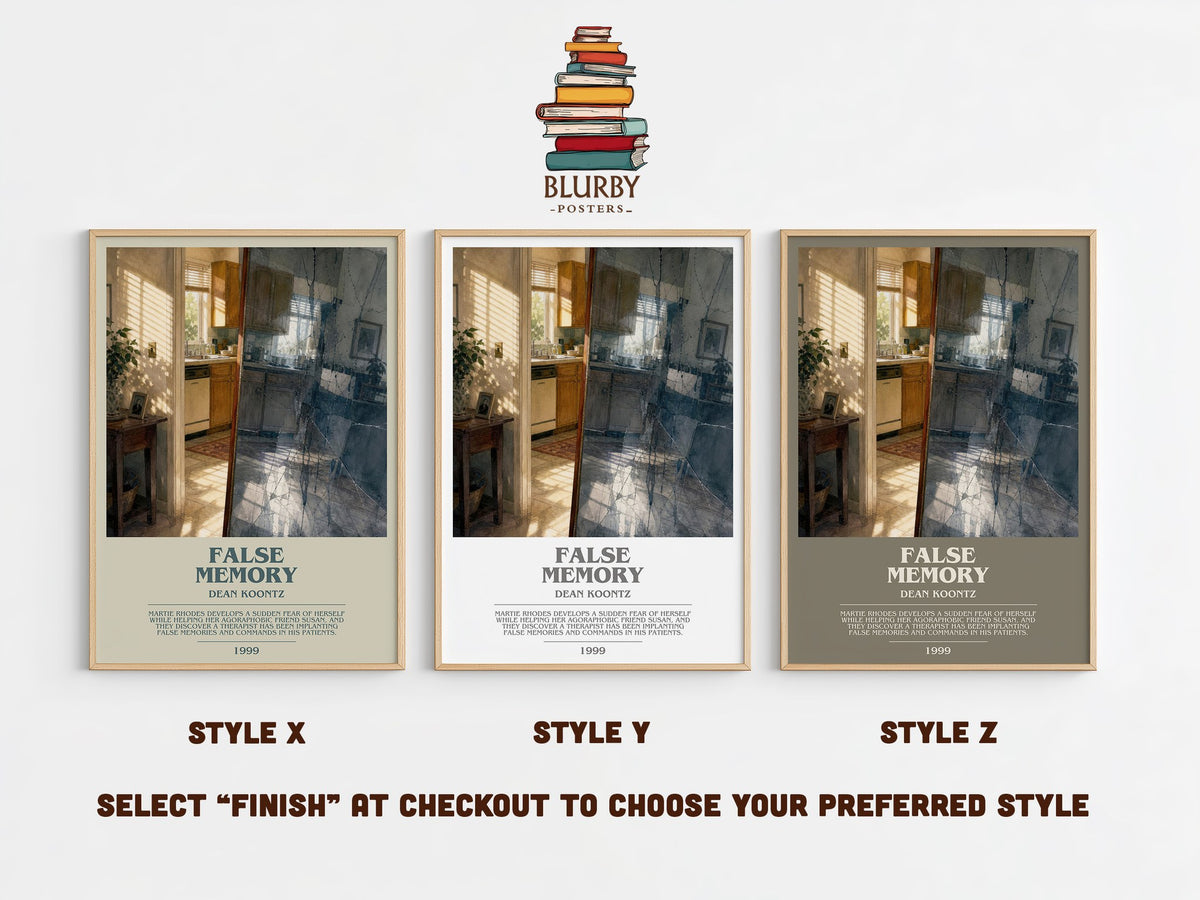 False Memory bookish print in frame leaning in hallway – thriller wall art (mockup)