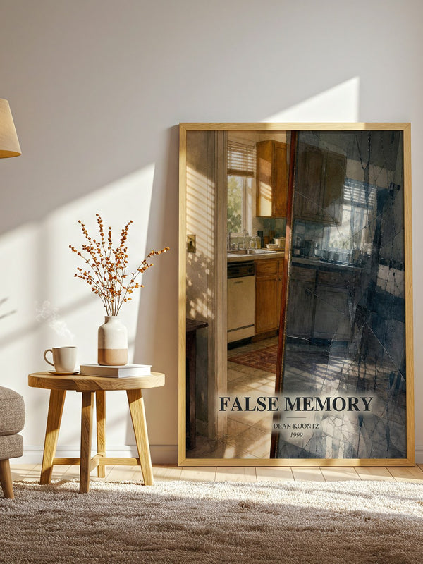 False Memory watercolour print in frame leaning in hallway – thriller wall art