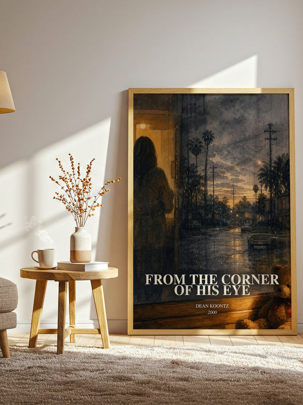 From the Corner of His Eye watercolour print in frame leaning in hallway – thriller wall art
