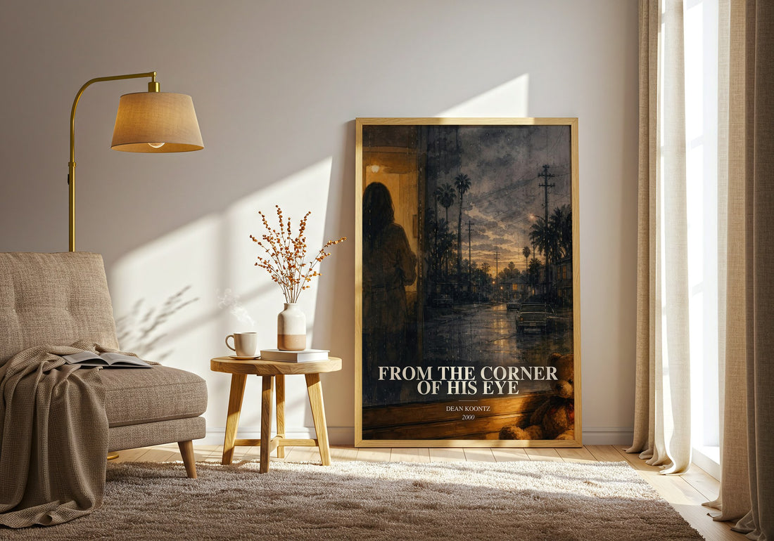 From the Corner of His Eye watercolour print in frame leaning in hallway – thriller wall art (mockup)