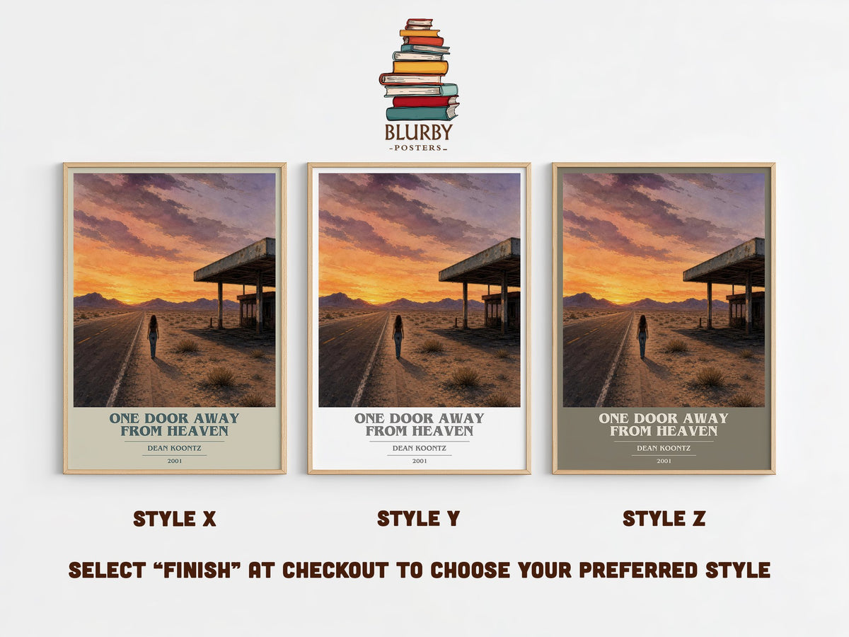 One Door Away from Heaven book cover print in frame leaning in hallway – thriller wall art (mockup)