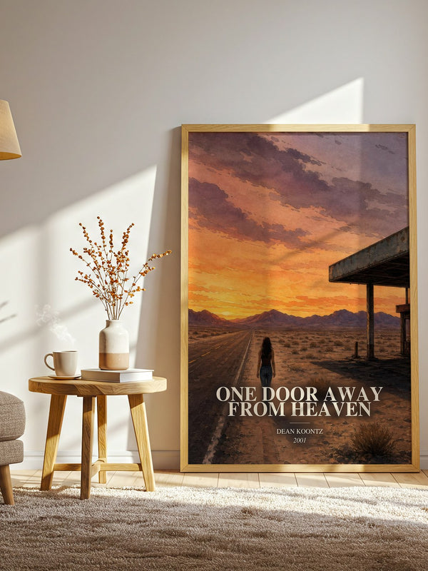 One Door Away from Heaven watercolour print in frame leaning in hallway – thriller wall art
