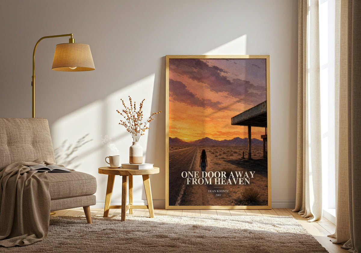 One Door Away from Heaven watercolour print in frame leaning in hallway – thriller wall art (mockup)