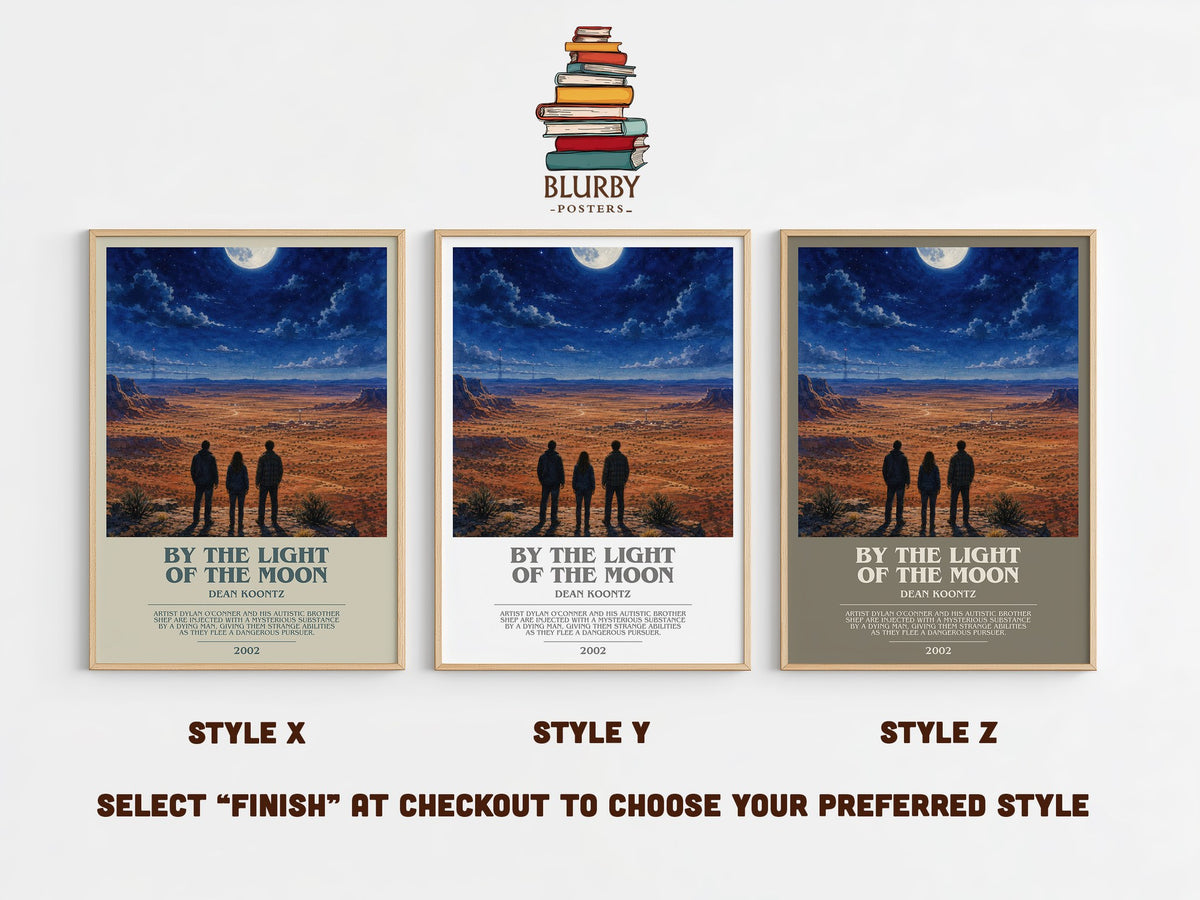 By the Light of the Moon bookish print in frame leaning in hallway – thriller wall art (mockup)