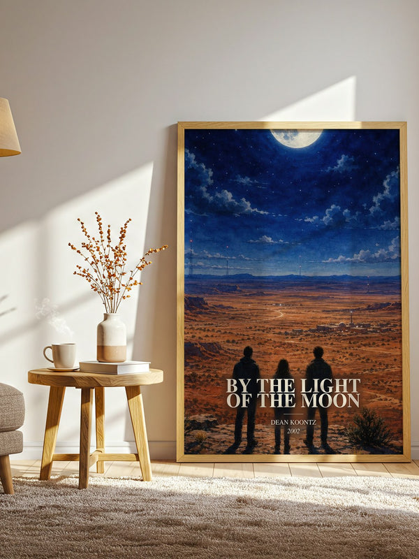 By the Light of the Moon watercolour print in frame leaning in hallway – thriller wall art