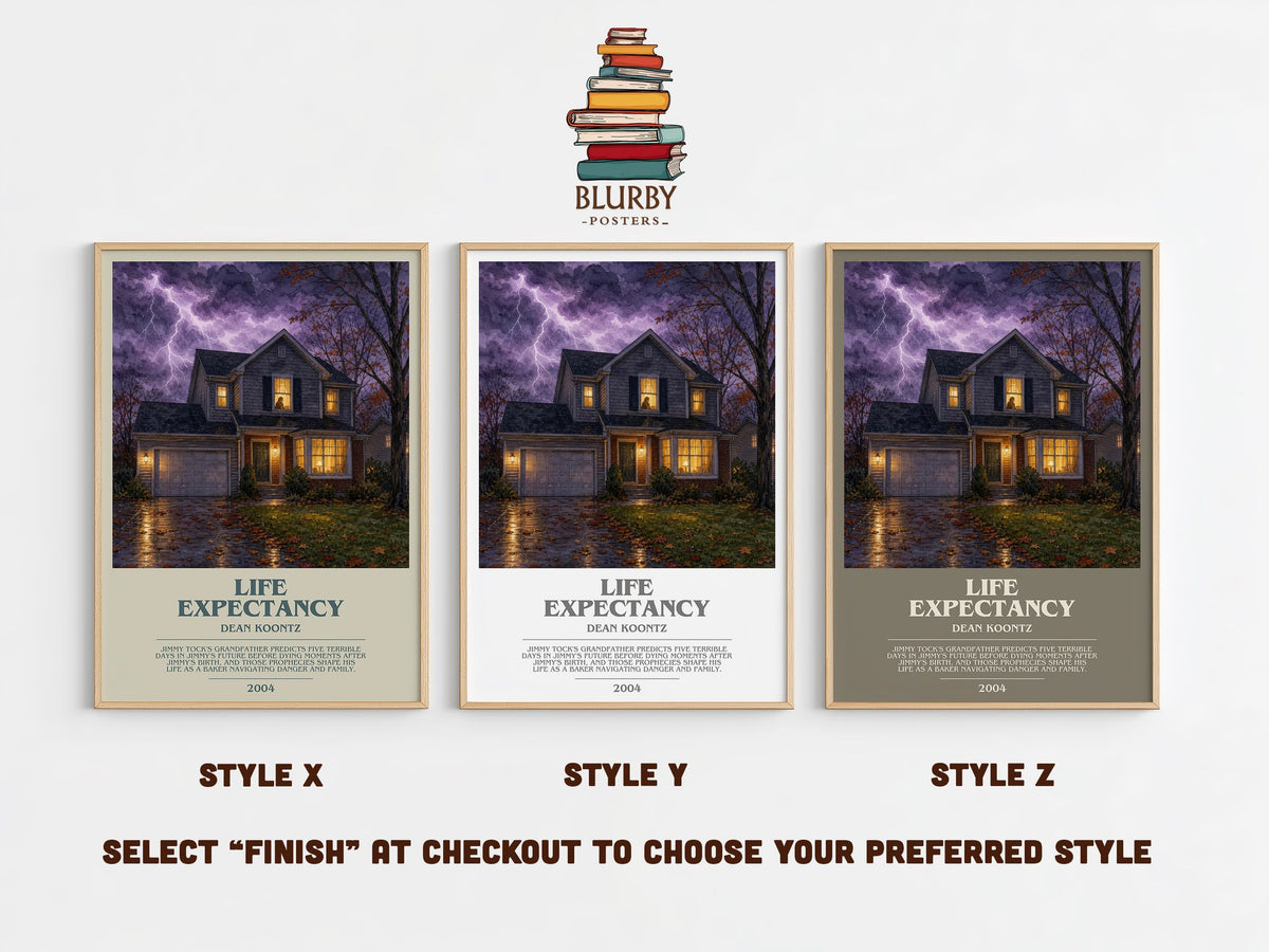 Life Expectancy bookish print in frame leaning in hallway – thriller wall art (mockup)