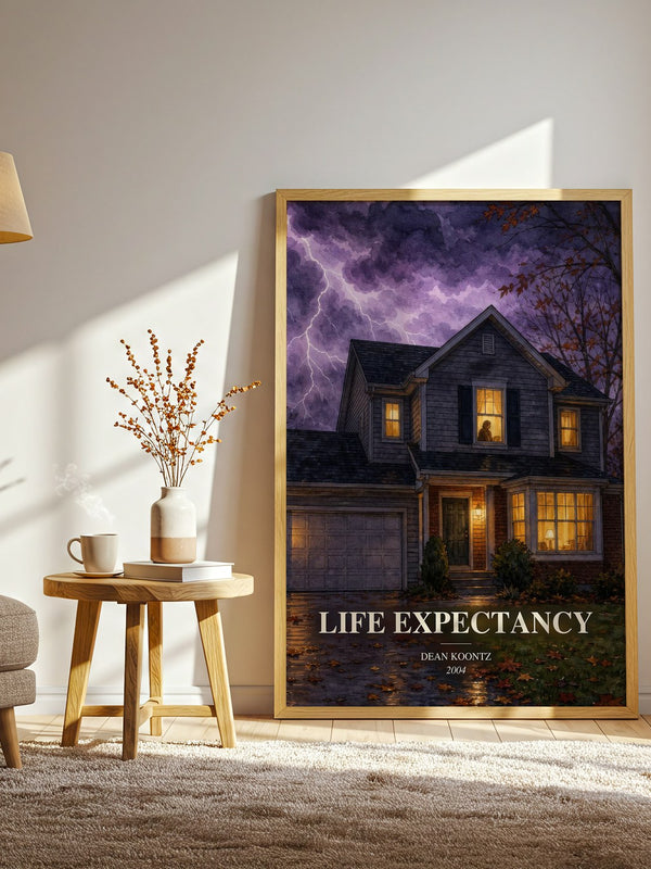 Life Expectancy watercolour print in frame leaning in hallway – thriller wall art