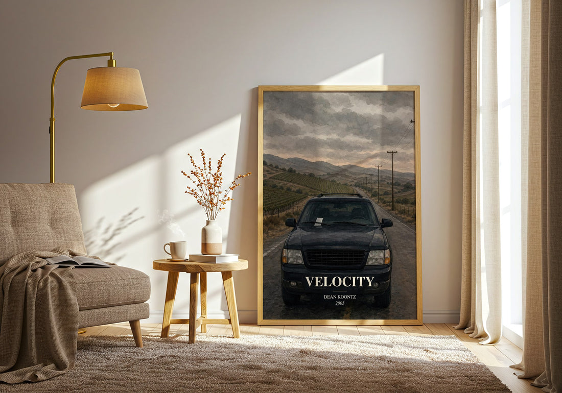 Velocity watercolour print in frame leaning in hallway – thriller wall art (mockup)