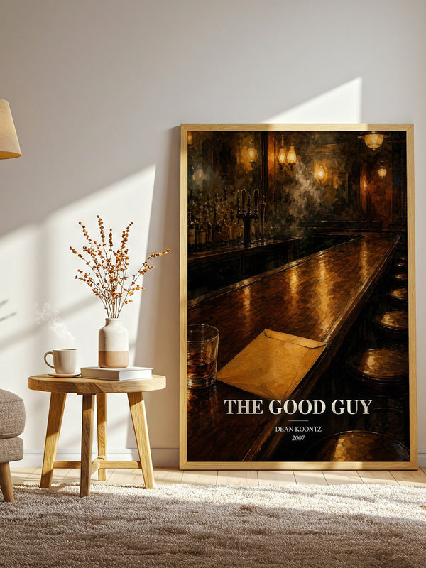 The Good Guy watercolour print in frame leaning in hallway – thriller wall art