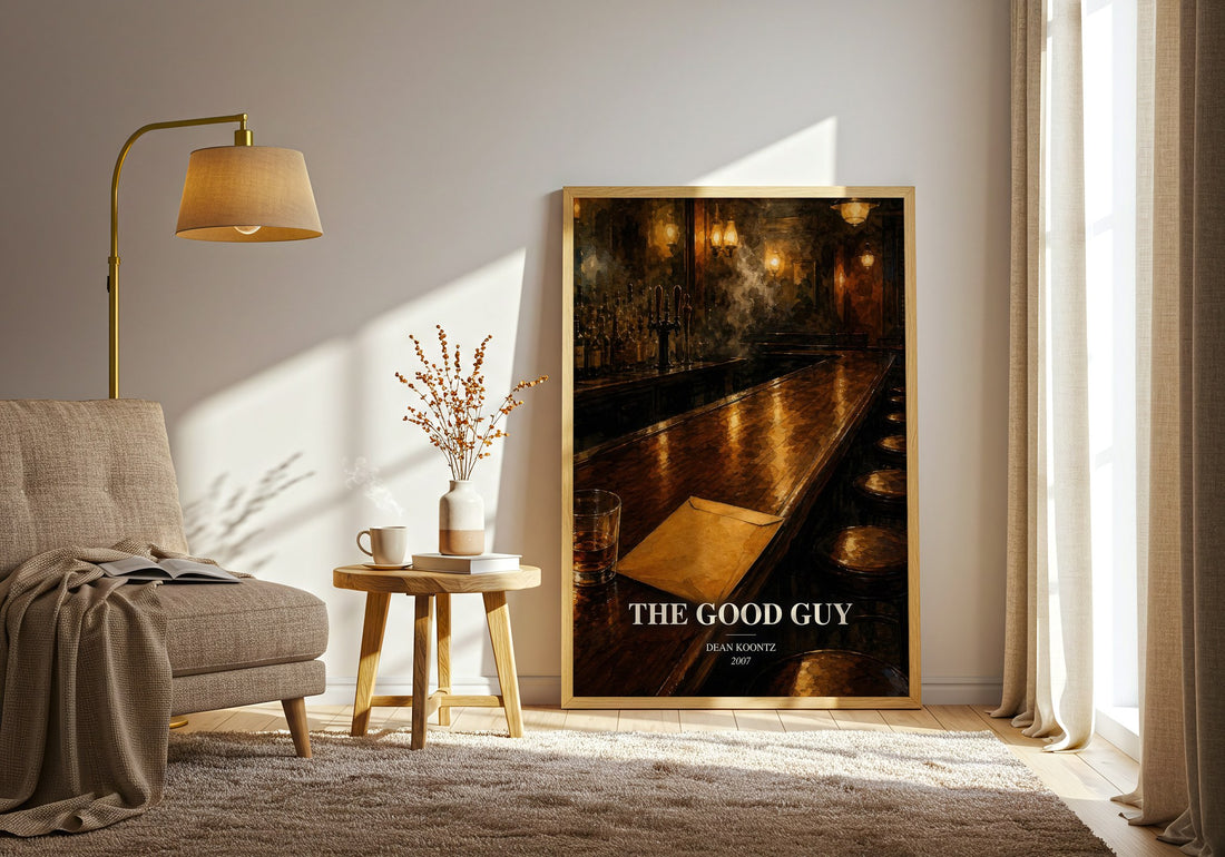 The Good Guy watercolour print in frame leaning in hallway – thriller wall art (mockup)