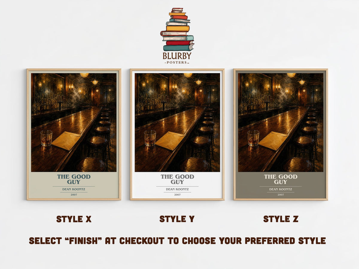 The Good Guy book cover print in frame leaning in hallway – thriller wall art (mockup)