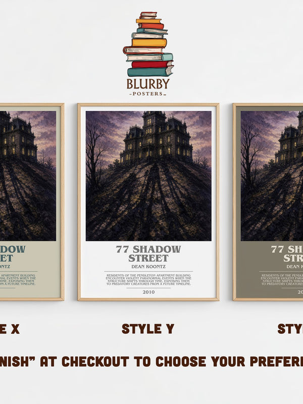 77 Shadow Street bookish print in frame leaning in hallway – horror wall art