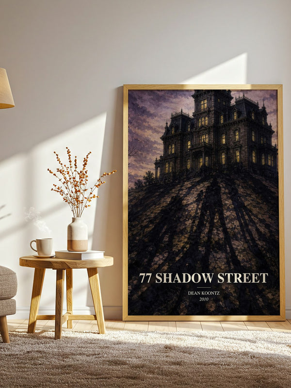 77 Shadow Street watercolour print in frame leaning in hallway – horror wall art