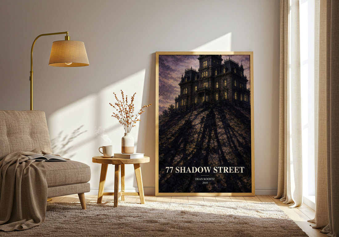 77 Shadow Street watercolour print in frame leaning in hallway – horror wall art (mockup)