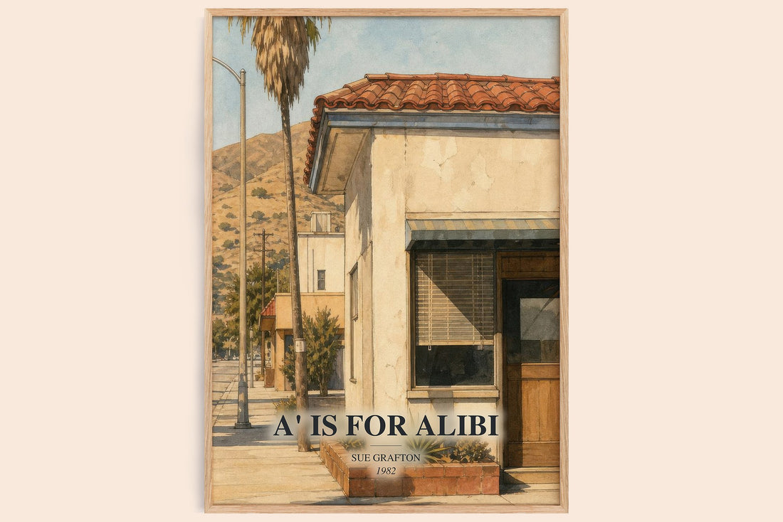 A' Is for Alibi watercolour book poster by Sue Grafton – framed literary art print