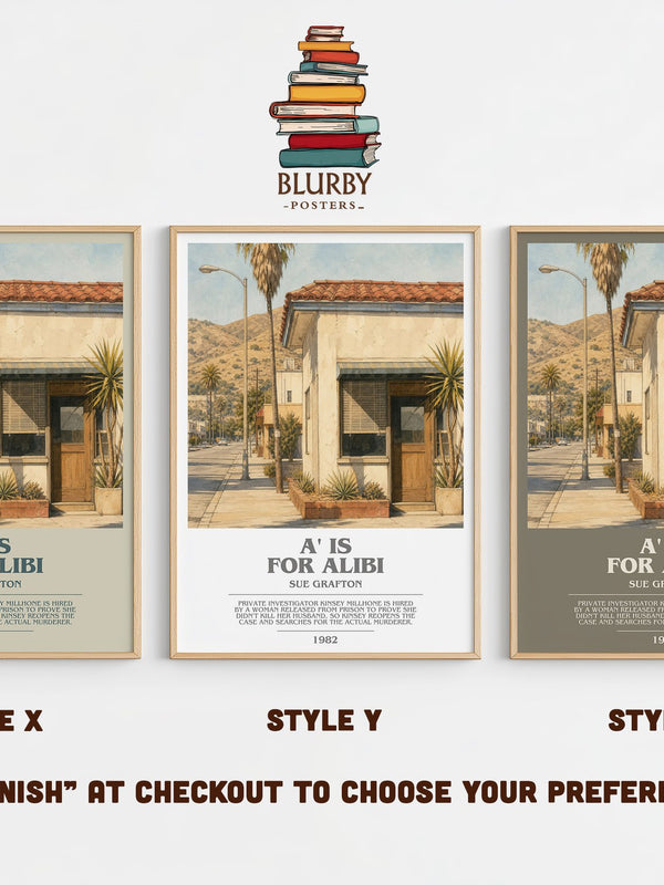 A' Is for Alibi bookish print in frame leaning in hallway – mystery wall art