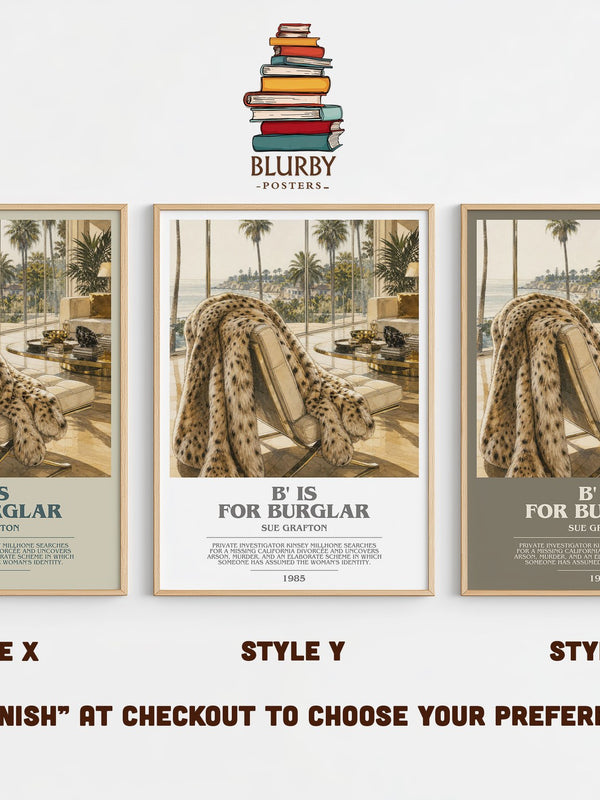 B' Is for Burglar bookish print in frame leaning in hallway – mystery wall art