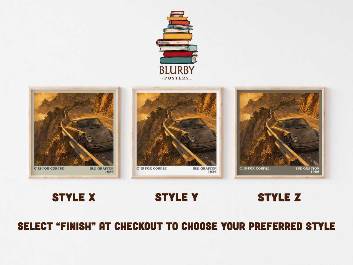 C' Is for Corpse literary print in frame leaning in hallway – mystery wall art (mockup)