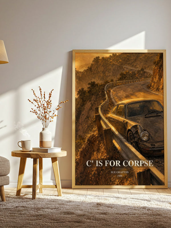 C' Is for Corpse watercolour print in frame leaning in hallway – mystery wall art