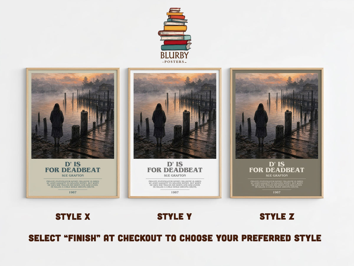 D' Is for Deadbeat bookish print in frame leaning in hallway – mystery wall art (mockup)