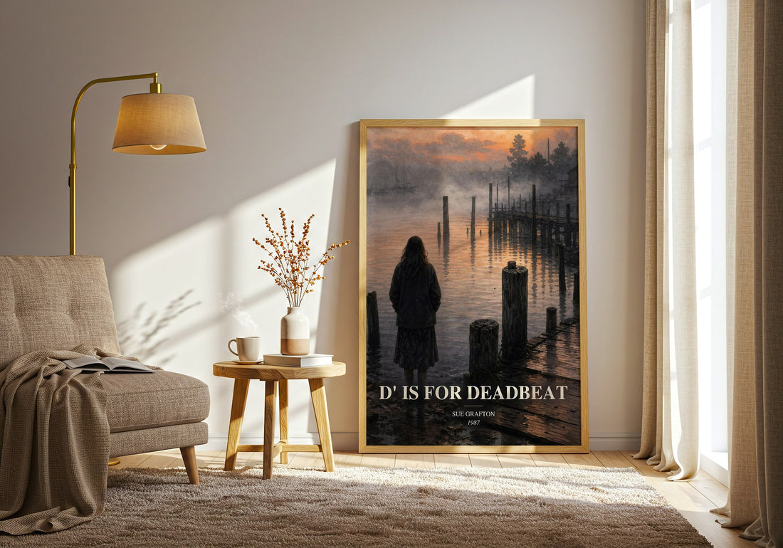 D' Is for Deadbeat watercolour print in frame leaning in hallway – mystery wall art (mockup)
