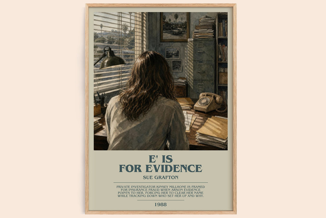 E' Is for Evidence bookish book poster by Sue Grafton – framed literary art print