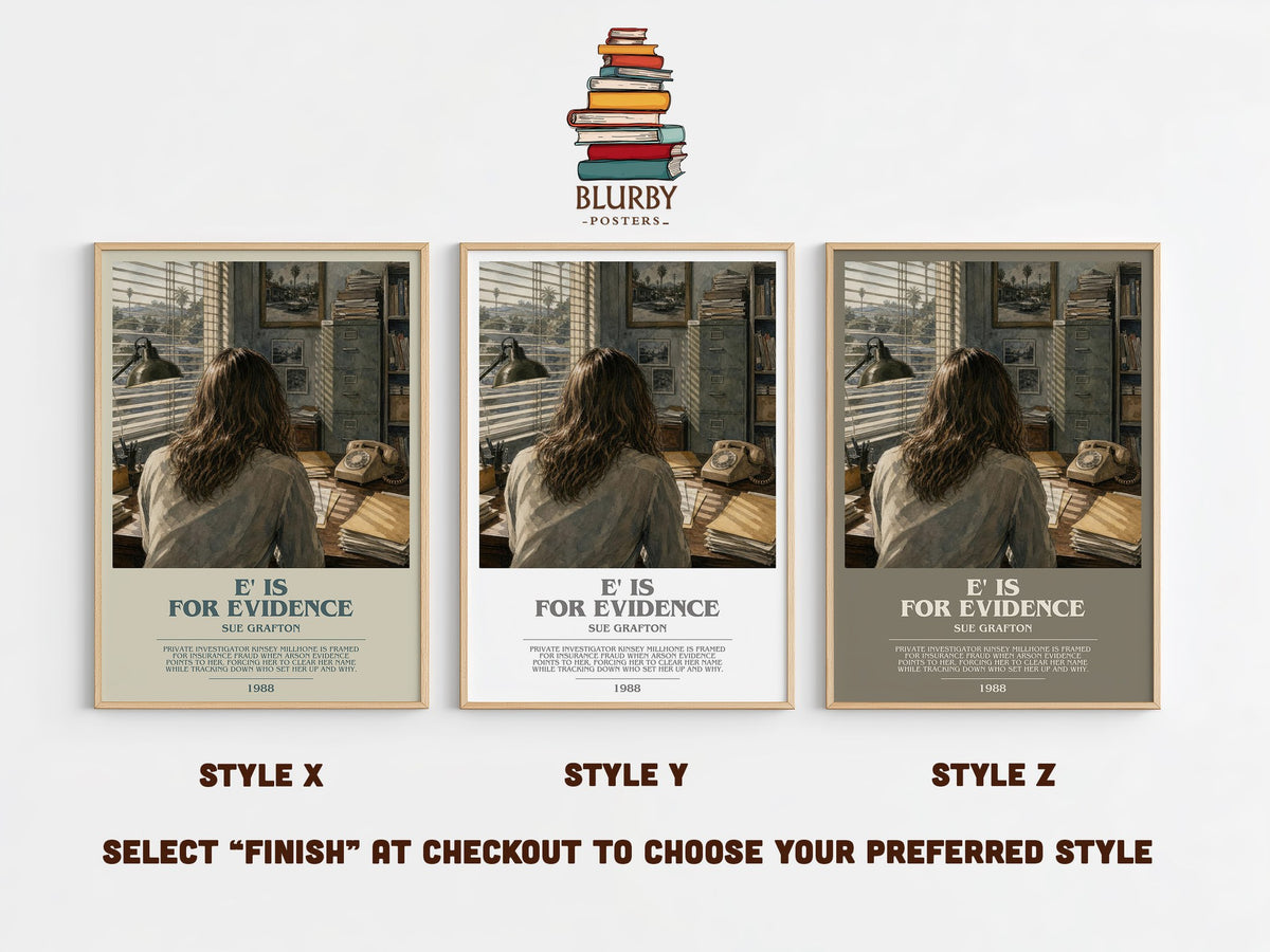 E' Is for Evidence bookish print in frame leaning in hallway – mystery wall art (mockup)