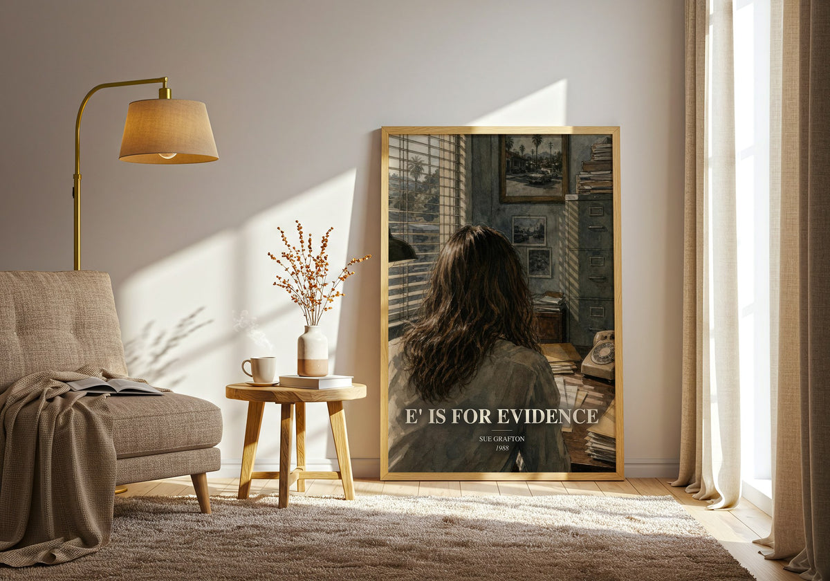 E' Is for Evidence watercolour print in frame leaning in hallway – mystery wall art (mockup)