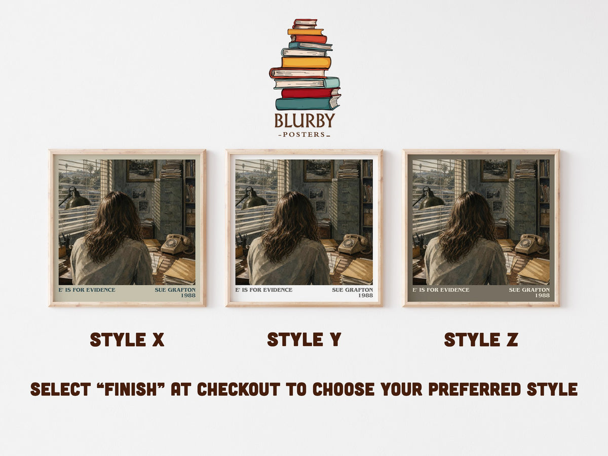 E' Is for Evidence literary print in frame leaning in hallway – mystery wall art (mockup)