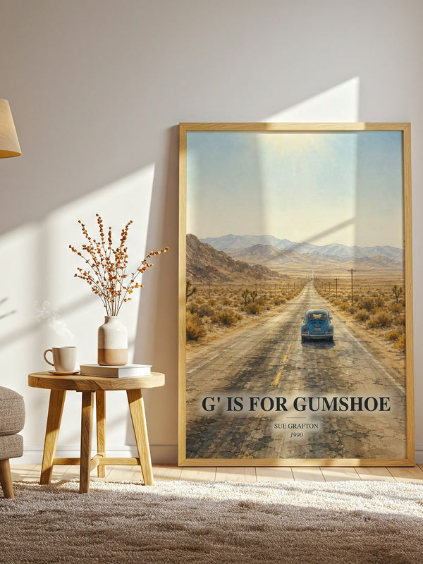 G' Is for Gumshoe watercolour print in frame leaning in hallway – mystery wall art