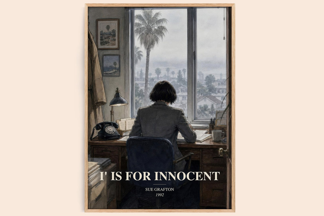 I' Is for Innocent watercolour book poster by Sue Grafton – framed literary art print
