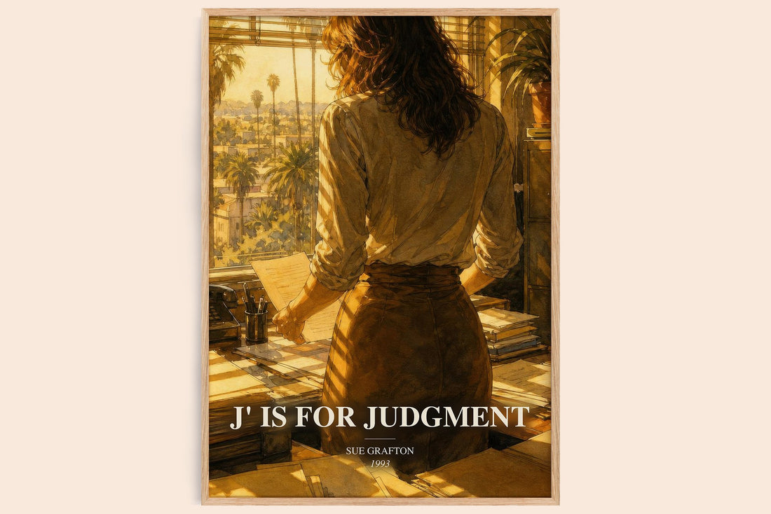 J' Is for Judgment watercolour book poster by Sue Grafton – framed literary art print
