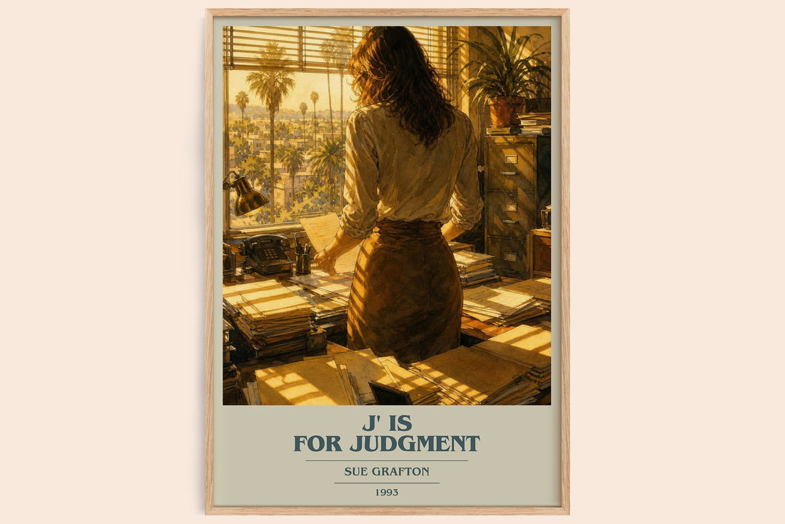 J' Is for Judgment book cover book poster by Sue Grafton – framed literary art print