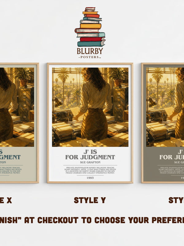 J' Is for Judgment bookish print in frame leaning in hallway – mystery wall art