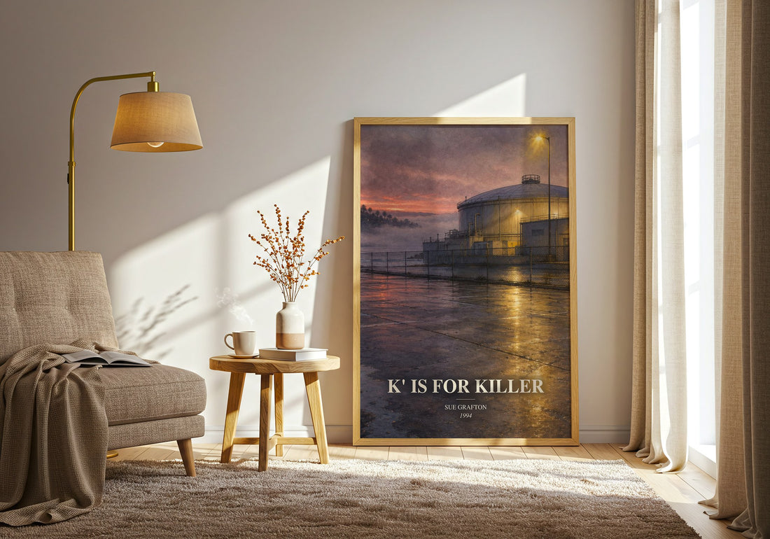 K' Is for Killer watercolour print in frame leaning in hallway – mystery wall art (mockup)