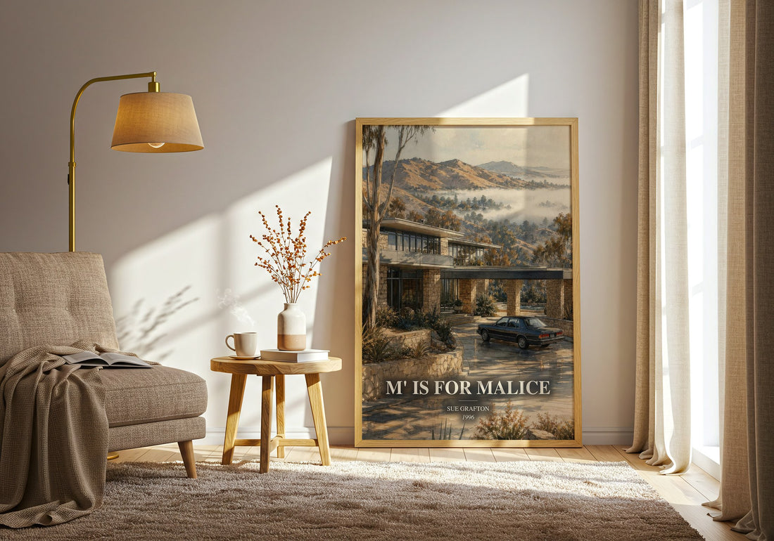 M' Is for Malice watercolour print in frame leaning in hallway – mystery wall art (mockup)