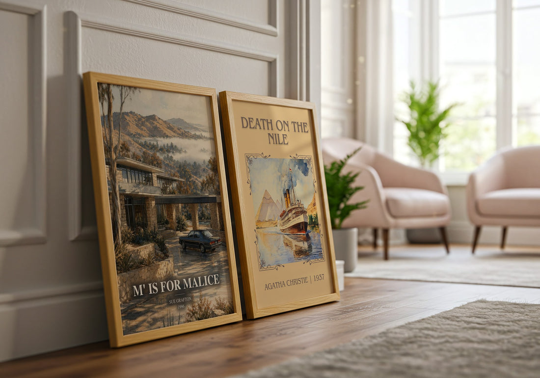 M' Is for Malice watercolour print framed by window – literary home decor