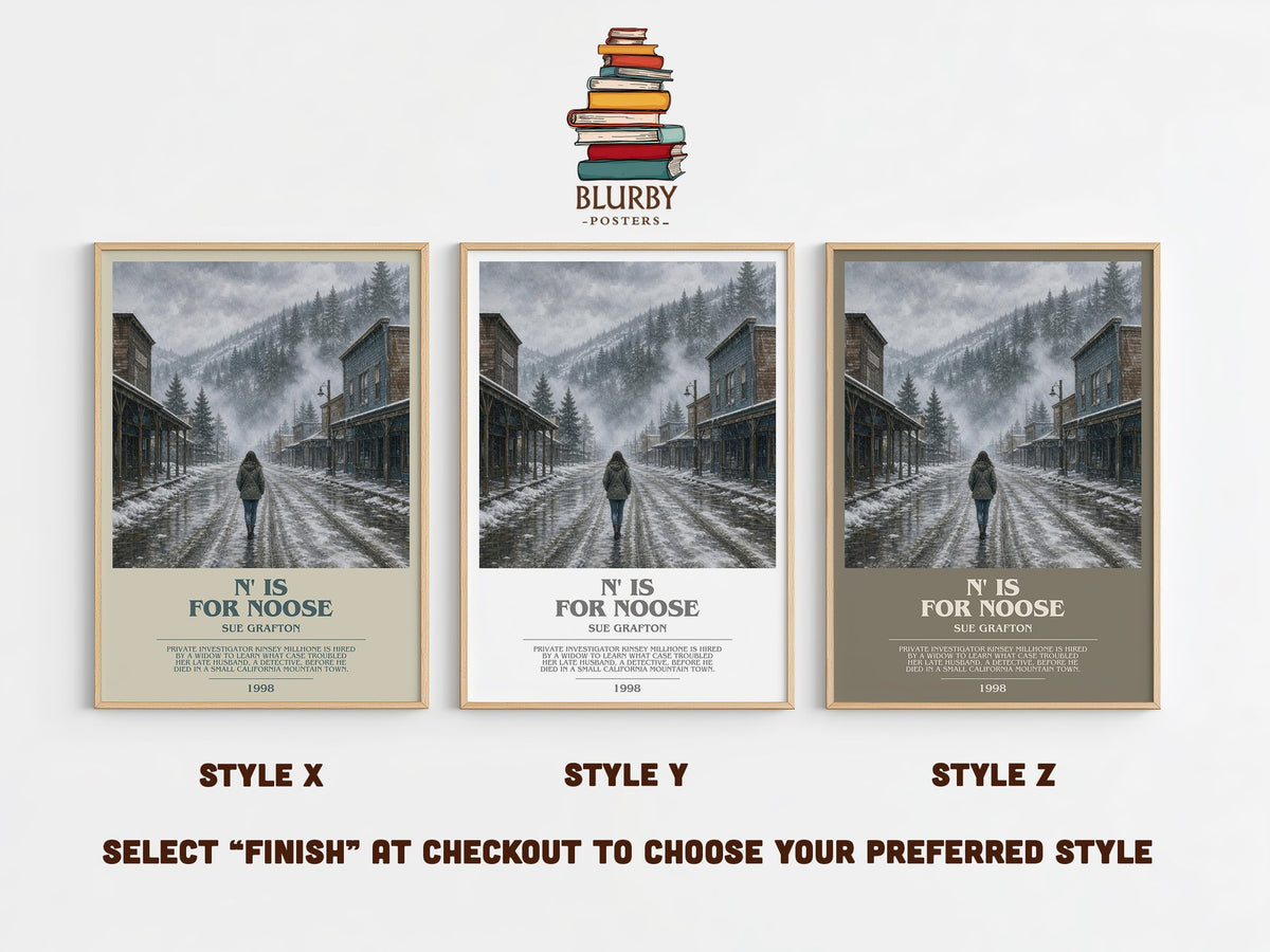 N' Is for Noose bookish print in frame leaning in hallway – mystery wall art (mockup)