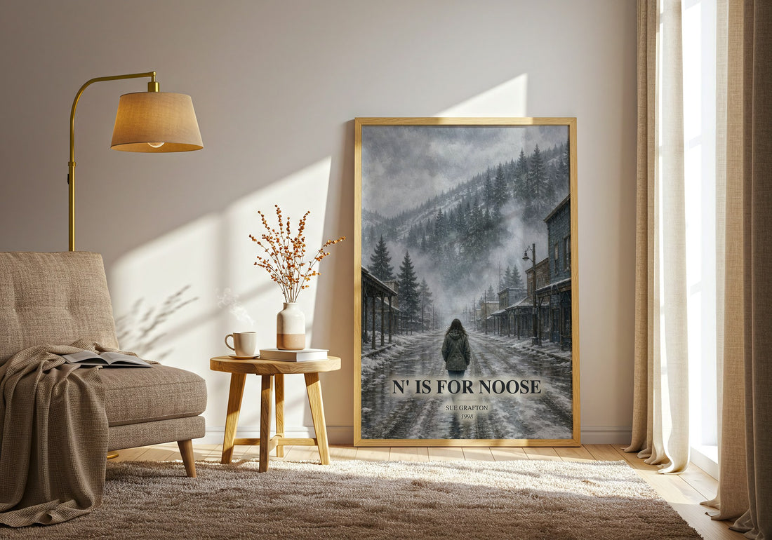 N' Is for Noose watercolour print in frame leaning in hallway – mystery wall art (mockup)